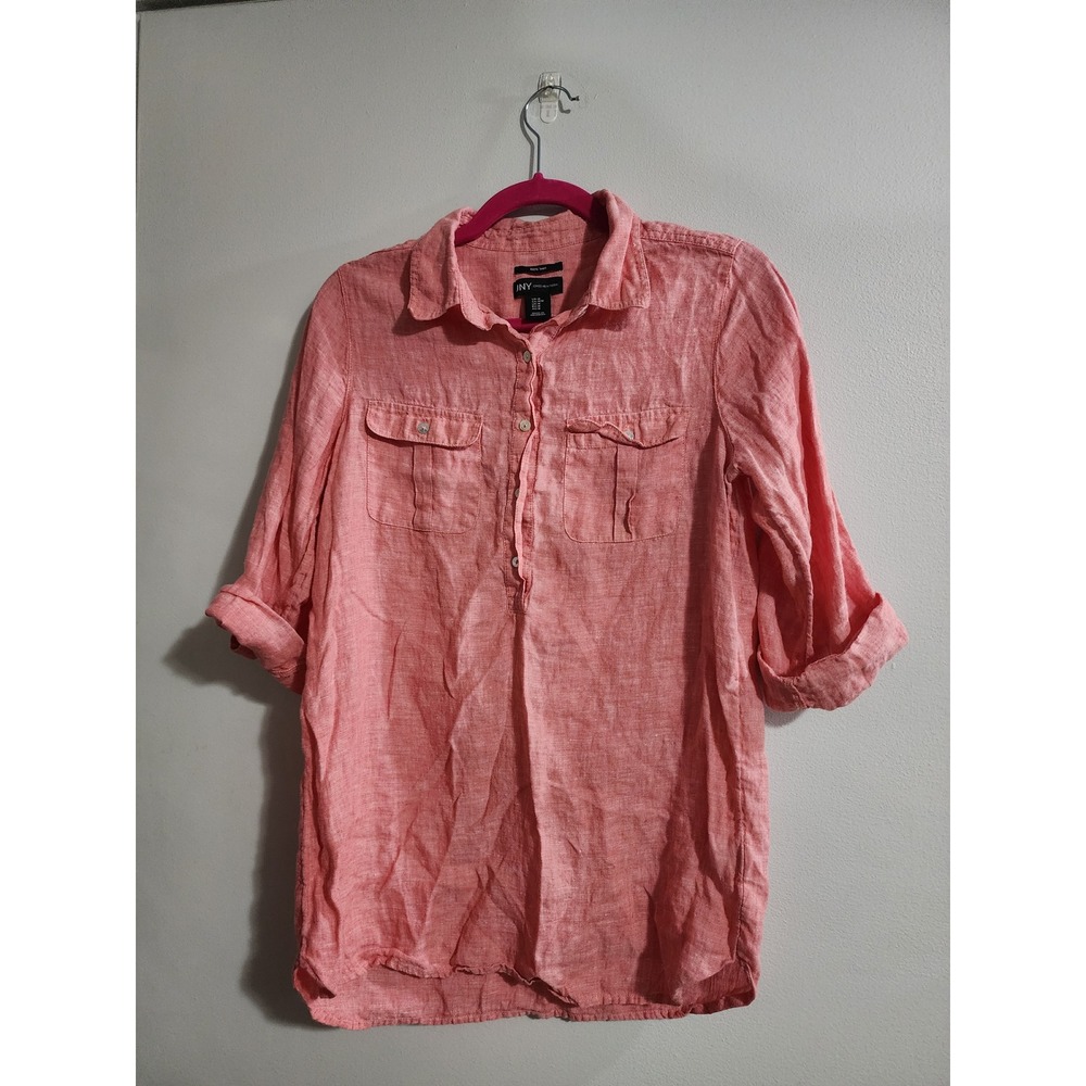 Jones New York Womens Coral Pink 100% Linen‎ Roll Tab Sleeve Tunic Top Size M